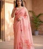 Pink organza printed saree with blouse