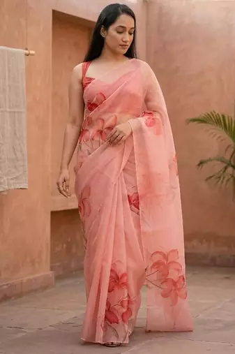 Pink organza printed saree with blouse