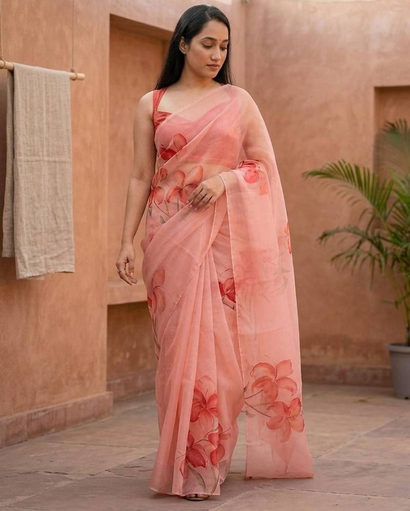 Pink organza printed saree with blouse