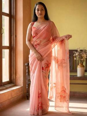 Pink organza printed saree with blouse 3