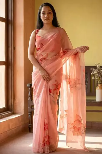 Pink organza printed saree with blouse