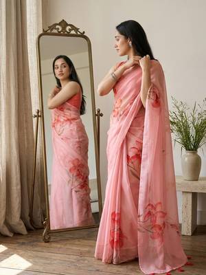 Pink organza printed saree with blouse 4