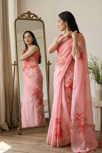 Pink organza printed saree with blouse