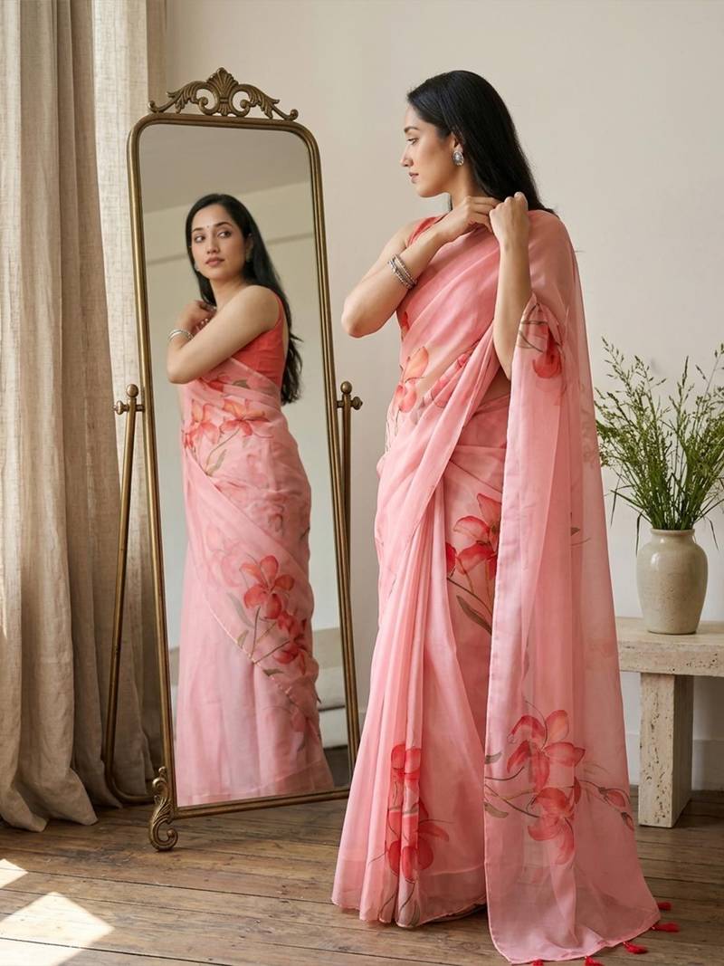 Pink organza printed saree with blouse