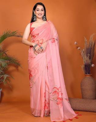Pink organza printed saree with blouse 5