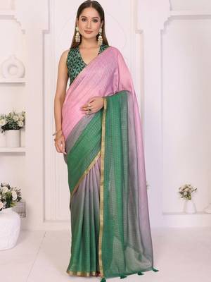 Multicolor linen solid saree with blouse 1