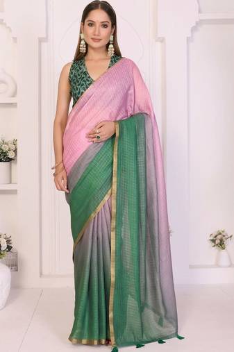 Multicolor linen solid saree with blouse