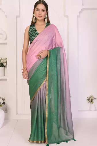 Multicolor linen solid saree with blouse