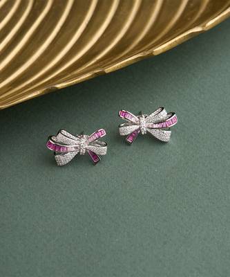 Silver plated pink bow stud earrings 1