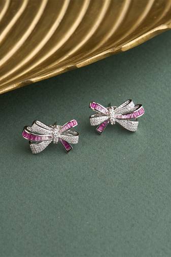 Silver plated pink bow stud earrings