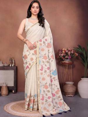 White linen printed saree with blouse 1