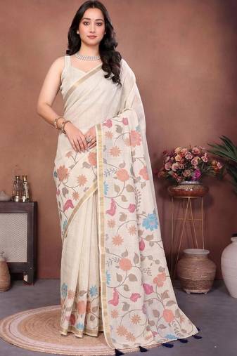 White linen printed saree with blouse