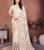 White linen printed saree with blouse