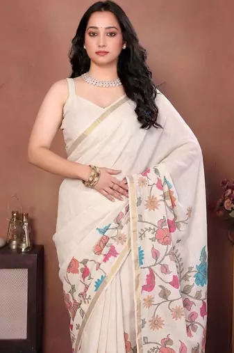 White linen printed saree with blouse