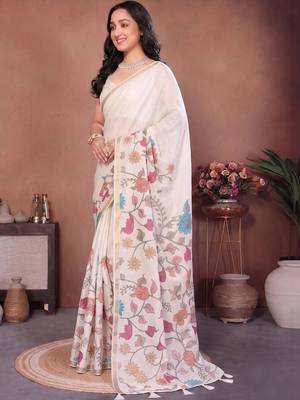 White linen printed saree with blouse 3