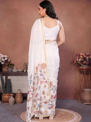 White linen printed saree with blouse 5