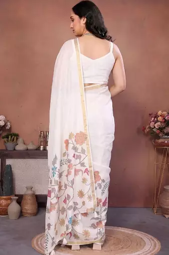 White linen printed saree with blouse