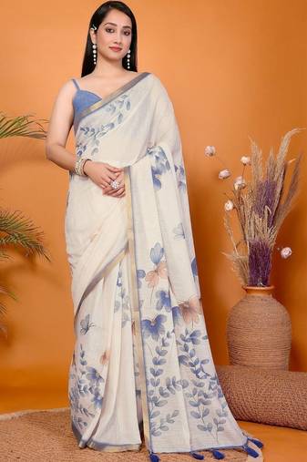 Off white pure linen printed saree with blouse