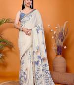 Off white pure linen printed saree with blouse