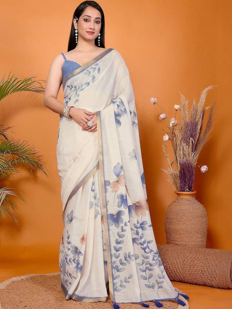 Off white pure linen printed saree with blouse