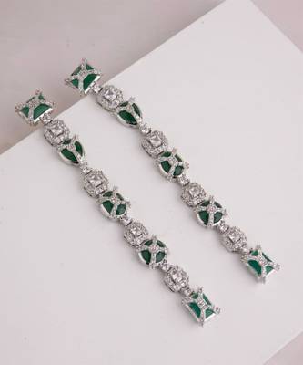 Silver plated green stone linear drop earrings 1