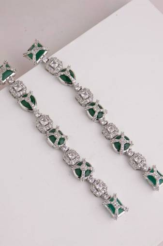 Silver plated green stone linear drop earrings