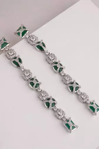Silver plated green stone linear drop earrings