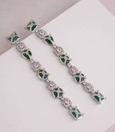 Silver plated green stone linear drop earrings
