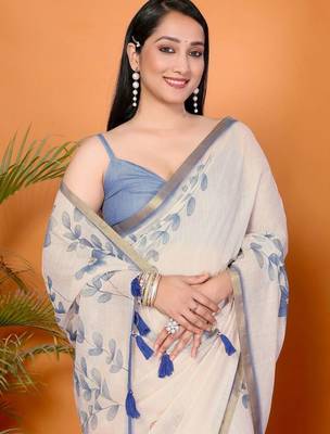 Off white pure linen printed saree with blouse 2