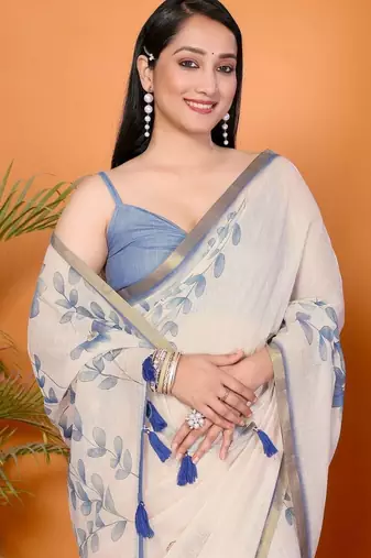 Off white pure linen printed saree with blouse