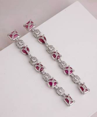 Silver plated ruby pink stones linear drop earrings 1