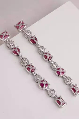 Silver plated ruby pink stones linear drop earrings