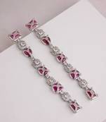 Silver plated ruby pink stones linear drop earrings
