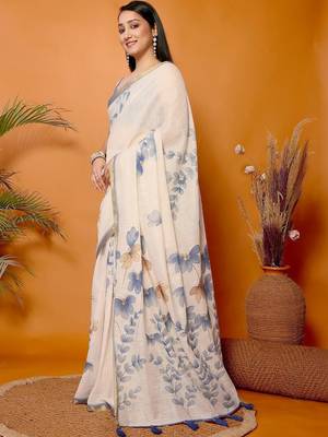 Off white pure linen printed saree with blouse 3