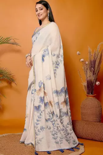 Off white pure linen printed saree with blouse