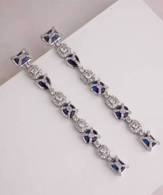 Silver plated blue stones linear drop earrings 1