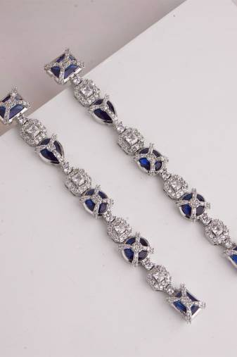 Silver plated blue stones linear drop earrings