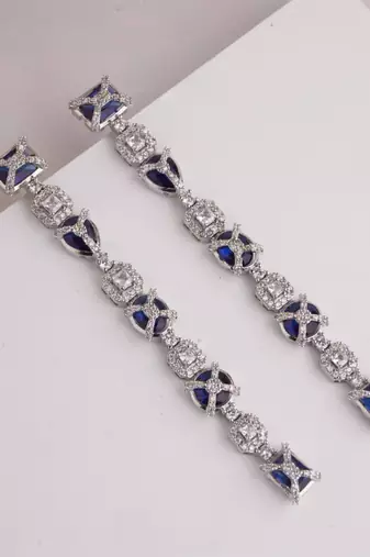 Silver plated blue stones linear drop earrings