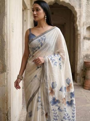 Off white pure linen printed saree with blouse 5