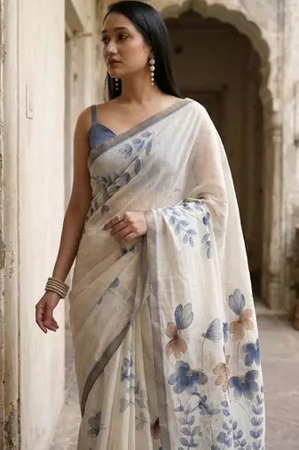 Off white pure linen printed saree with blouse
