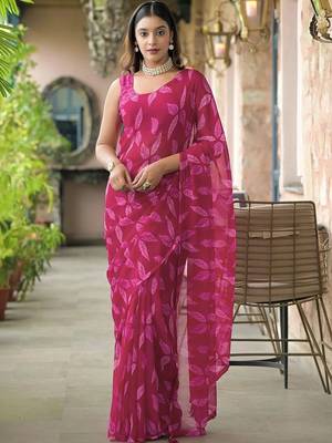 Magenta chiffon printed saree with blouse 1