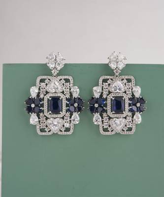 Silver plated navy blue stones drop earrings 1