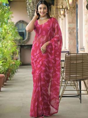 Magenta chiffon printed saree with blouse 2