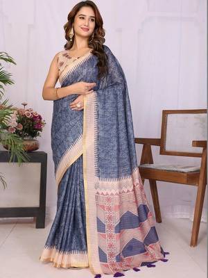 Blue linen printed saree with blouse 1
