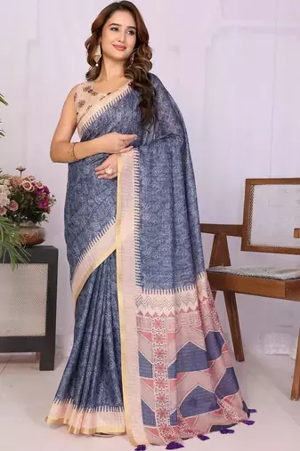 Blue linen printed saree with blouse