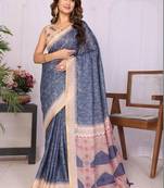 Blue linen printed saree with blouse