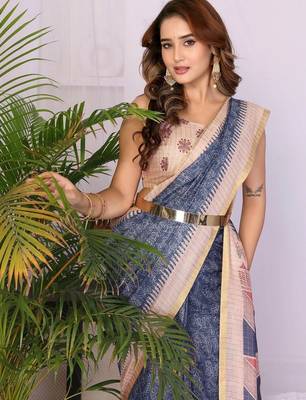 Blue linen printed saree with blouse 3