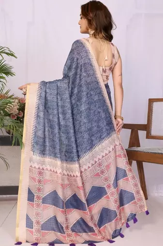 Blue linen printed saree with blouse