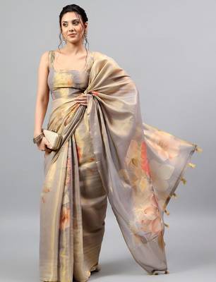 Grey tissue printed saree with blouse 1