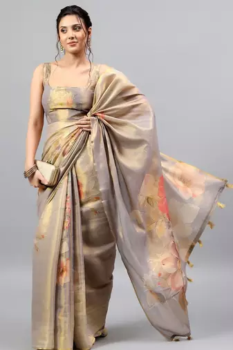 Grey tissue printed saree with blouse